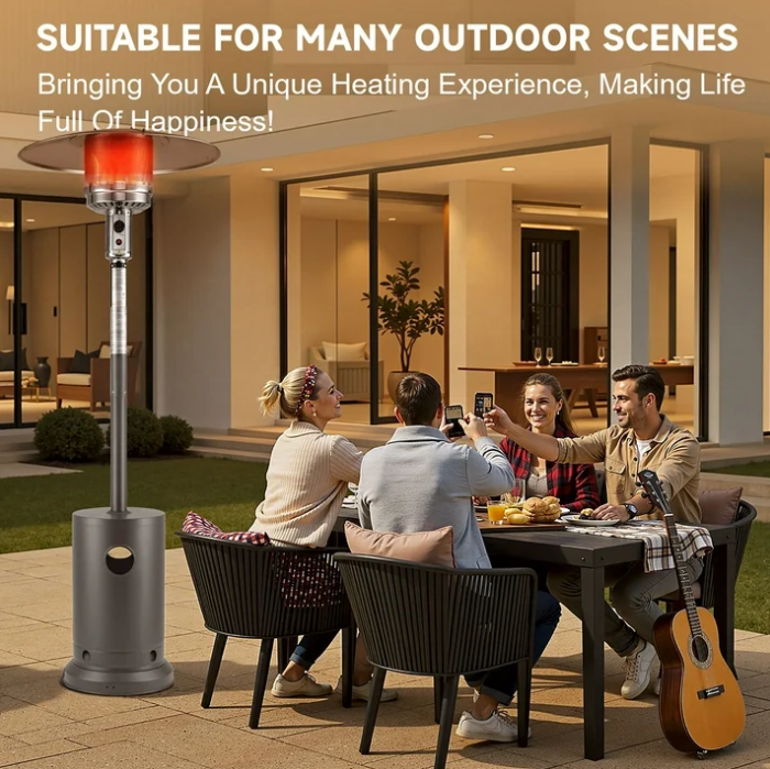 48000 BTU Propane Patio Heater with 20ft Heating Radius, Outdoor Heavy Duty Heater with Wheels & Adjustable Thermostat, Commercial & Residential Use, Freestanding Heater for Yard&Porch, Sliver