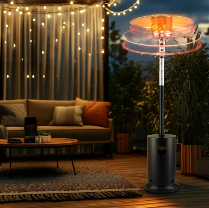 Propane Patio Heater, 48,000 BTU Outdoor Heavy Duty Heater with Wheels and Adjustable Thermostat, Commercial & Residential Use, Freestanding Propane Heater for Backyard, Deck, Porch, Black, D2795