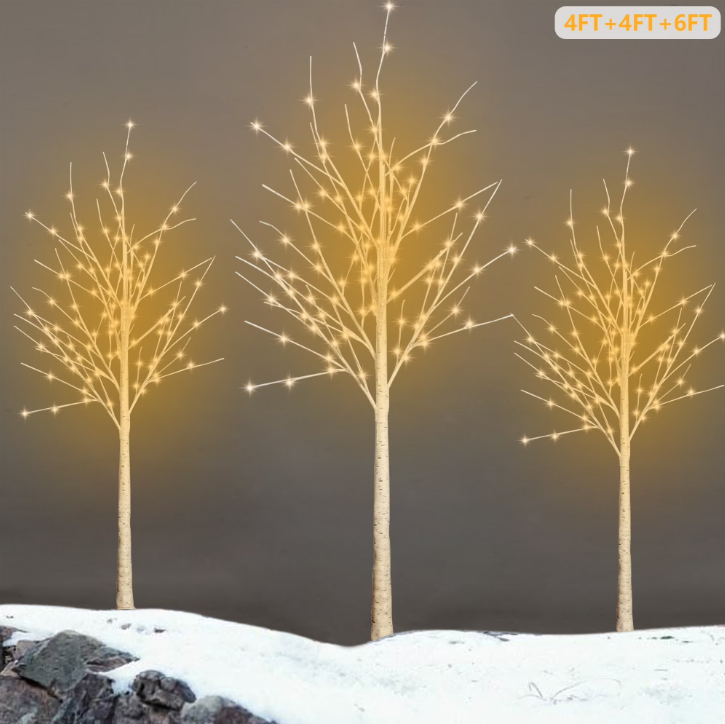 Set of 3 White Birch Trees, 4ft, 4ft and 6ft Christmas Tree with LED Lights, Fits for Christmas Decoration, Home Christmas Lights for Indoor Outdoor Wedding Party Garden, Warm White, D4003