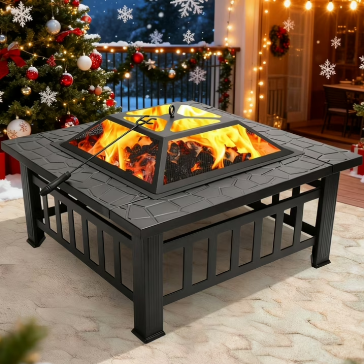 32" Fire Pits for Outside, SYNGAR Wood Burning Bonfire Fire Pit Table with Mesh Lid, Grate, BBQ Grill and Poker, Outdoor Metal Square Fire Pit for BBQ, Camping, Picnics, Backyard
