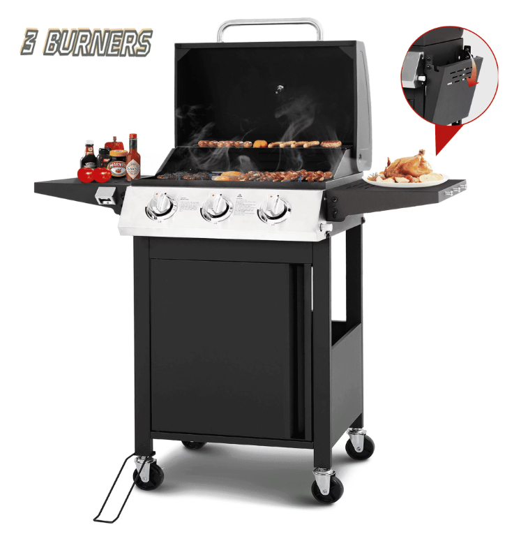 30000 BTU Gas Grill with 4 Universal Wheels, 3 Burners Outdoor BBQ Grill with Steel Brush & Thermometer for Outdoor Camping