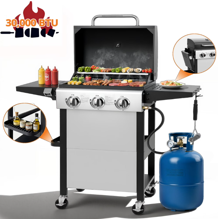 30000BTU Gas Grill, 3-Burner Grills with Built-in Thermometer & Side Table, Stainless Steel BBQ Grills for Outdoor Cooking