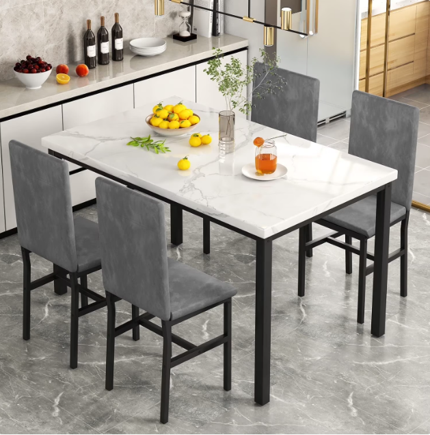 5 Piece Dining Set, Modern Dining Table and Chairs Set for 4, Counter Height Bar Table Set, Modern Pub Table with 4 Velvet Fabric Cushioned Stools, Faux Marble Dining Table & Stools Set, D9297