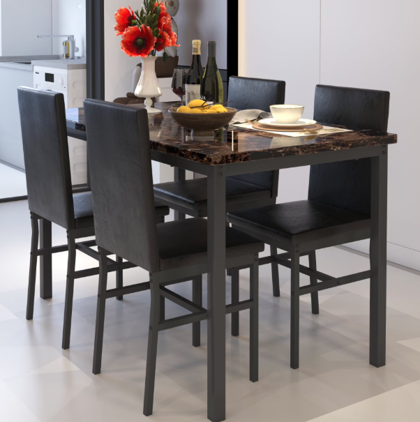 5 Piece Dining Set, Modern Dining Table and Chairs Set for 4, Kitchen Dining Table Set with Faux Marble Tabletop and 4 PU Leather Upholstered Chairs, for Small Space, Breakfast Nook, Brown, D9291