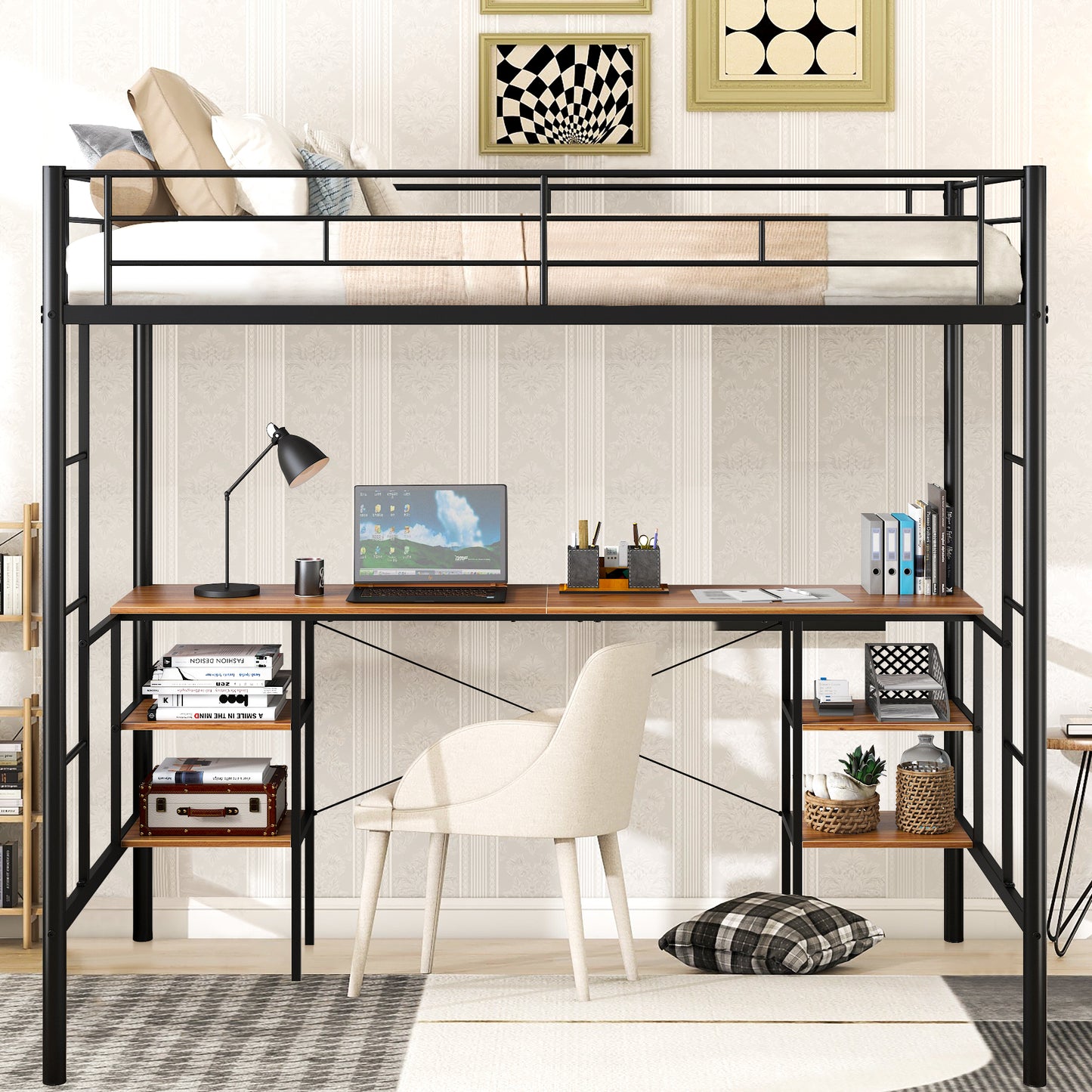 SYNGAR Twin Loft Bed with Desk, Metal Loft Bed with 4 Storage Shelves, Space-Saving Bed Frame with Bilateral Ladders and Safety Guard Rails for Boys Girls Kids Teens Adults, Black