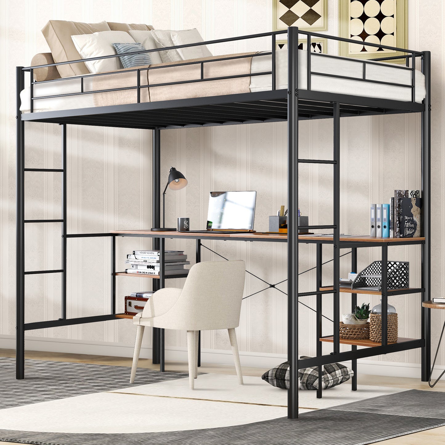 SYNGAR Twin Loft Bed with Desk, Metal Loft Bed with 4 Storage Shelves, Space-Saving Bed Frame with Bilateral Ladders and Safety Guard Rails for Boys Girls Kids Teens Adults, Black