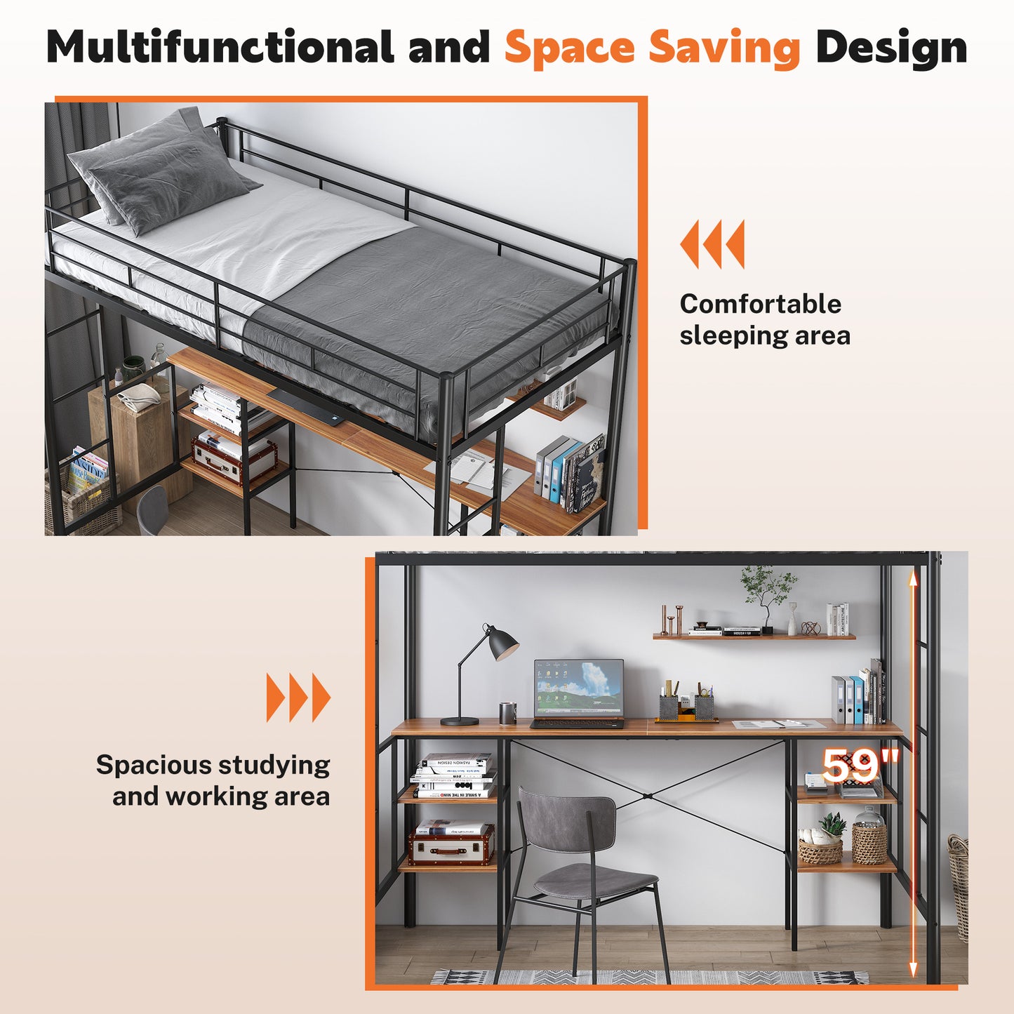 SYNGAR Twin Loft Bed with Desk, Metal Loft Bed with 4 Storage Shelves, Space-Saving Bed Frame with Bilateral Ladders and Safety Guard Rails for Boys Girls Kids Teens Adults, Black