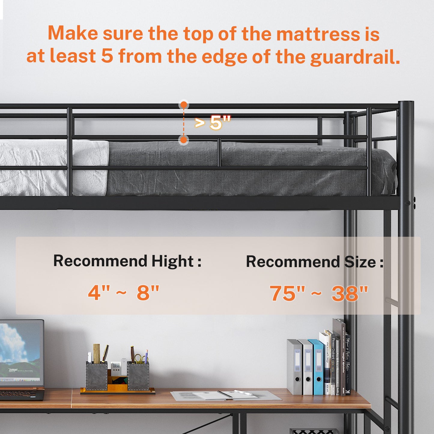 SYNGAR Twin Loft Bed with Desk, Metal Loft Bed with 4 Storage Shelves, Space-Saving Bed Frame with Bilateral Ladders and Safety Guard Rails for Boys Girls Kids Teens Adults, Black