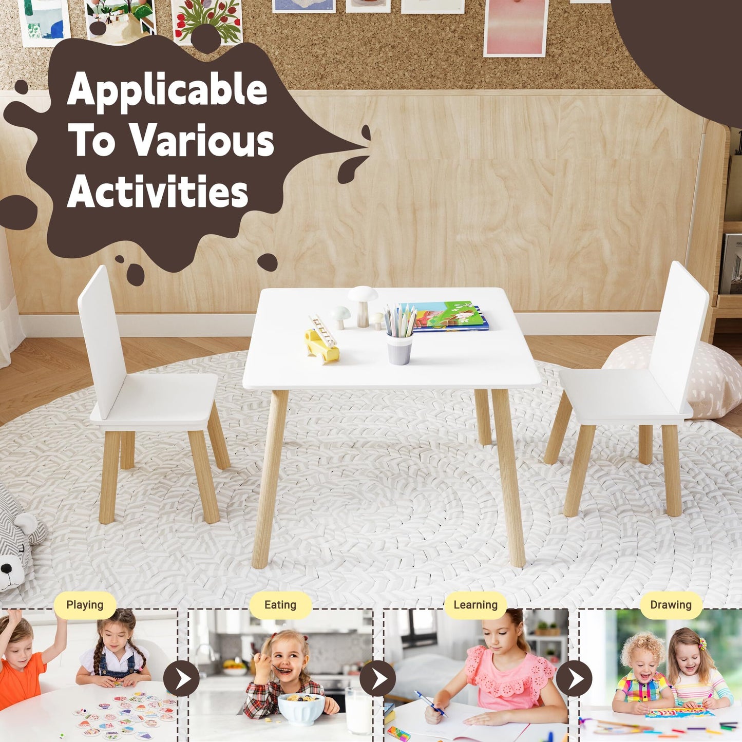 Syngar Kids Table and Chairs Set 3 Piece,Wooden Activity Table and Chairs Set for Toddlers Eating, Arts, Crafts, Drawing, Reading, PlayRoom, Gift for Gils Boys 1-7