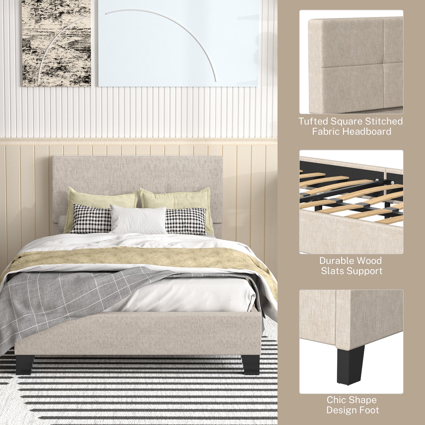 SYNGAR Beige Fabric Upholstered Platform Bed Frame Twin Size with Elegant Headboard, Metal Frame Bedroom Furniture with Strong Wooden Slat Support, No Box Spring Needed, Easy Assembly