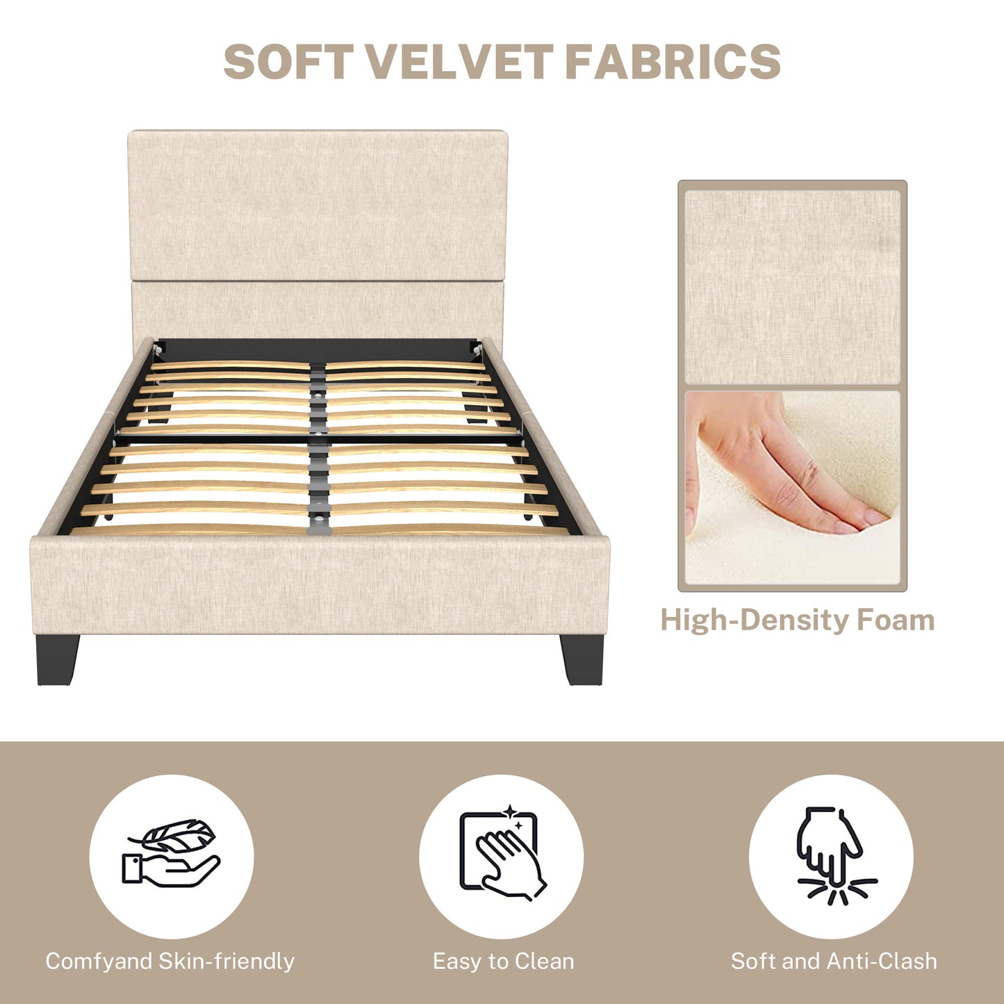 SYNGAR Beige Fabric Upholstered Platform Bed Frame Twin Size with Elegant Headboard, Metal Frame Bedroom Furniture with Strong Wooden Slat Support, No Box Spring Needed, Easy Assembly