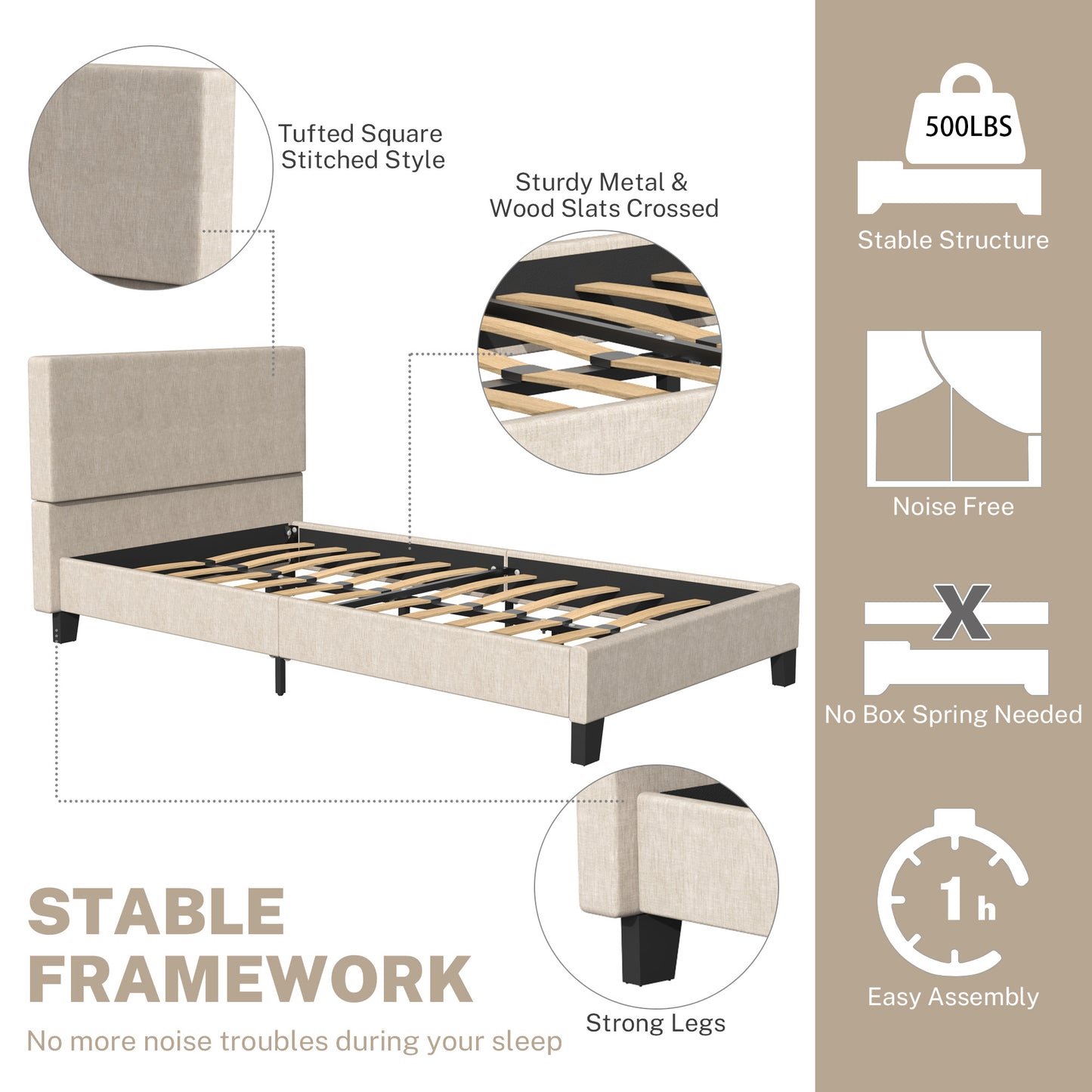 SYNGAR Twin Bed Frame, New Upgrade Twin Size Fabric Upholstered Platform Bed Frame with Elegant Headboard, Bedroom Furniture Metal Frame Platform Bed Frame, No Box Spring Needed, Beige