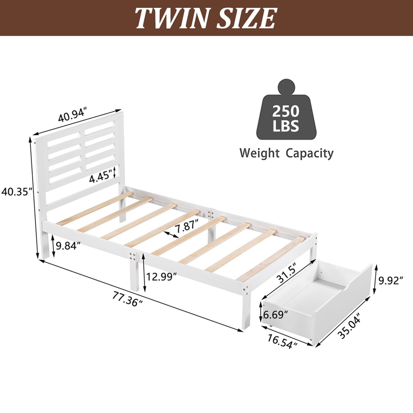 SYNGAR Twin Bed Frames with Headboard, Modern Wood Twin Size Bed Frame with Storage Drawer, Wood Slat Support, No Box Spring Needed, Easy Assembly, 250 lbs Weight Capacity, White