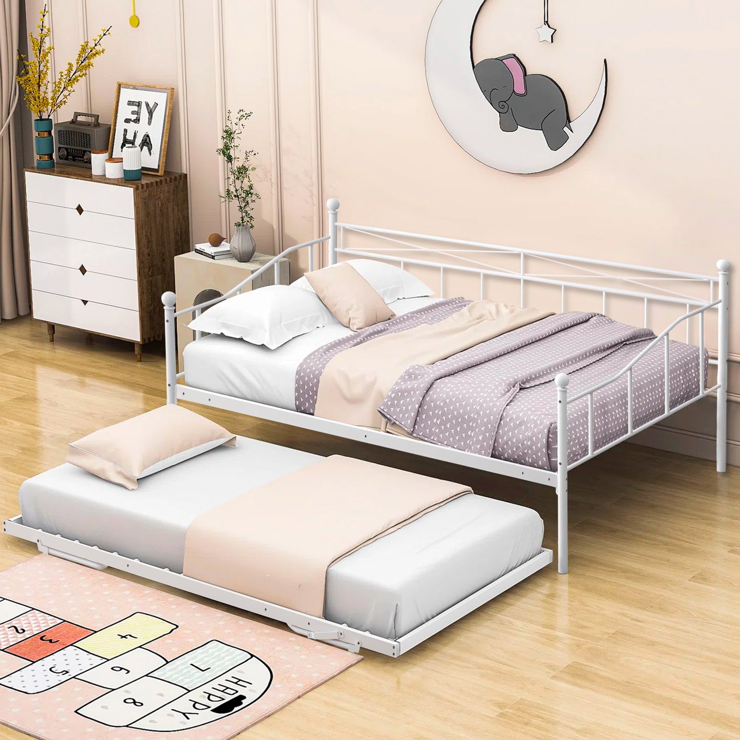 SYNGAR Daybed with Trundle, Metal Twin Daybed for Living Room/Bedroom, Twin Size Sofa Bed with Pop Up Trundle, Space Saving Design, Modern Home Platform Bed Frame, No Box Spring Needed, Black, D6610