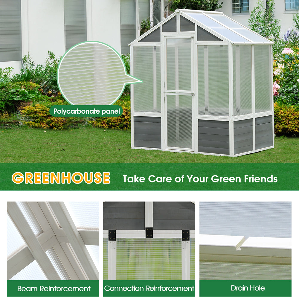 Syngar 6' x 4' Walk-in Greenhouse for Outdoor, Garden Polycarbonate Greenhouse with Sturdy Cold Wooden Frame, Drain Hole and Front Entry Doors, Backyard Greenhouse for Plants in Winter, D6343