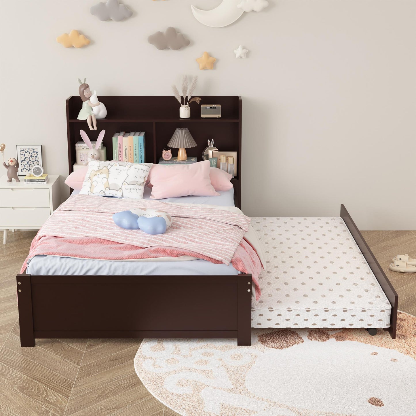 SYNGAR Twin Bed Frame with Trundle and Storage Bookcase, Modern Kids Platform Bed Frame with Pull Out Trundle, Solid Wood Trundle Bed with Headboard and Footboard, No Box Spring Needed, White
