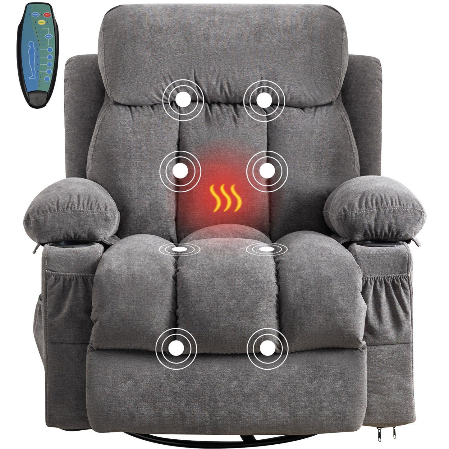 SYNGAR Manual Recliner Chair with Heat and Massage Function, USB and Cup Holders, Elderly Single Velvet Recliner Rocker Sofa Swivel Glider Chair for Nursery Living Room Home Theater Office, Gray