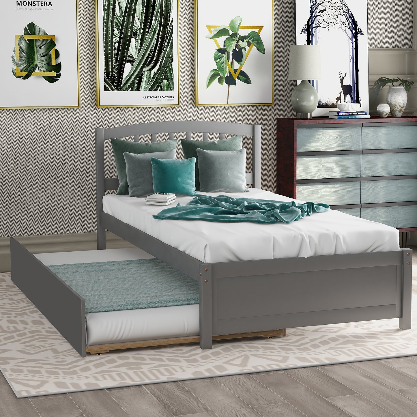 Twin Bed Frame with Trundle Included, Solid Pine Wood Platform Bed Frame for Kids Teens Adults, Espresso, LJ719