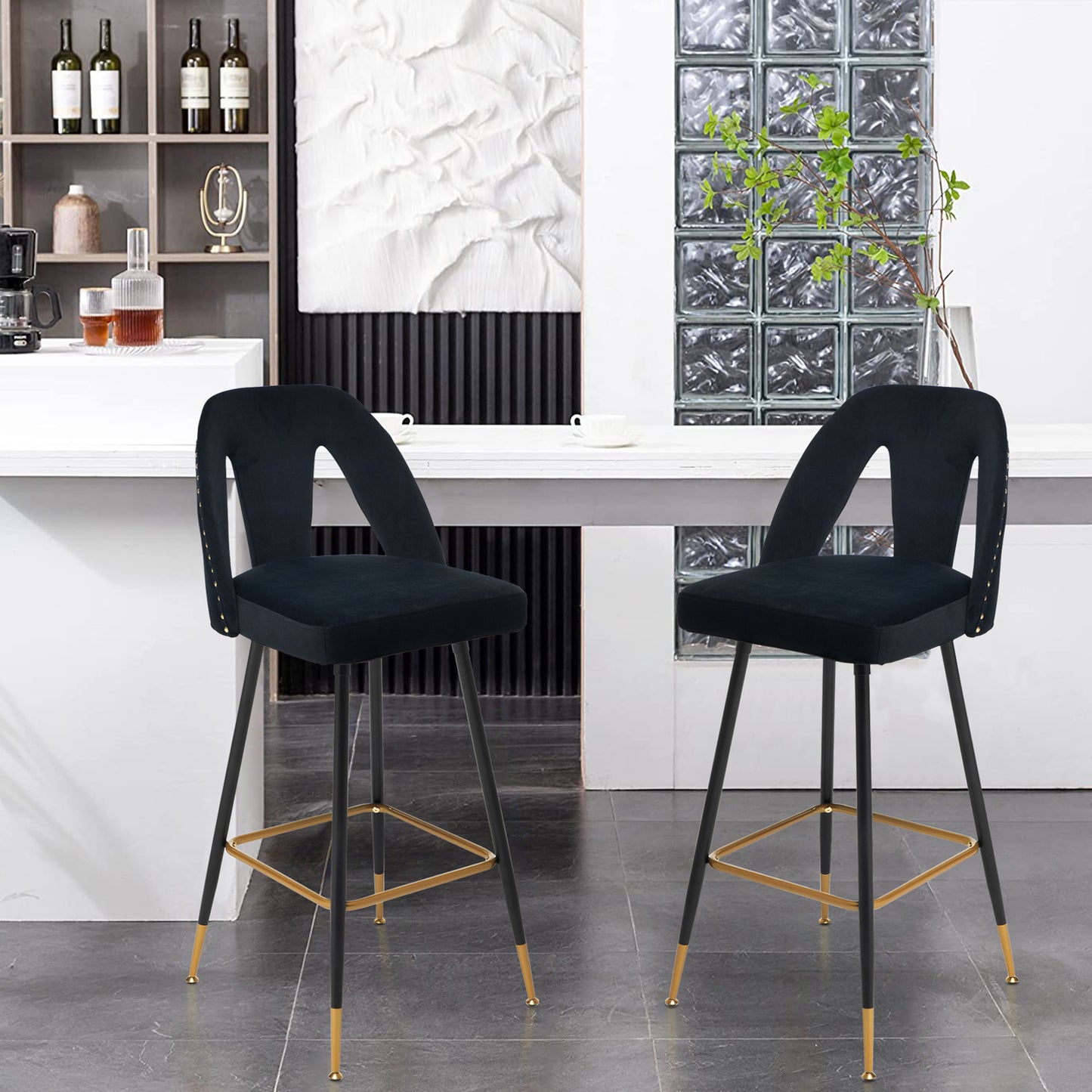 SYNGAR Modern Bar Chairs Set of 2, Contemporary Velvet Upholstered Bar Stools Tool and Counter Stools with Nailheads and Gold Tipped Black Metal Legs, Black Leisure Style Bar Chairs, Black