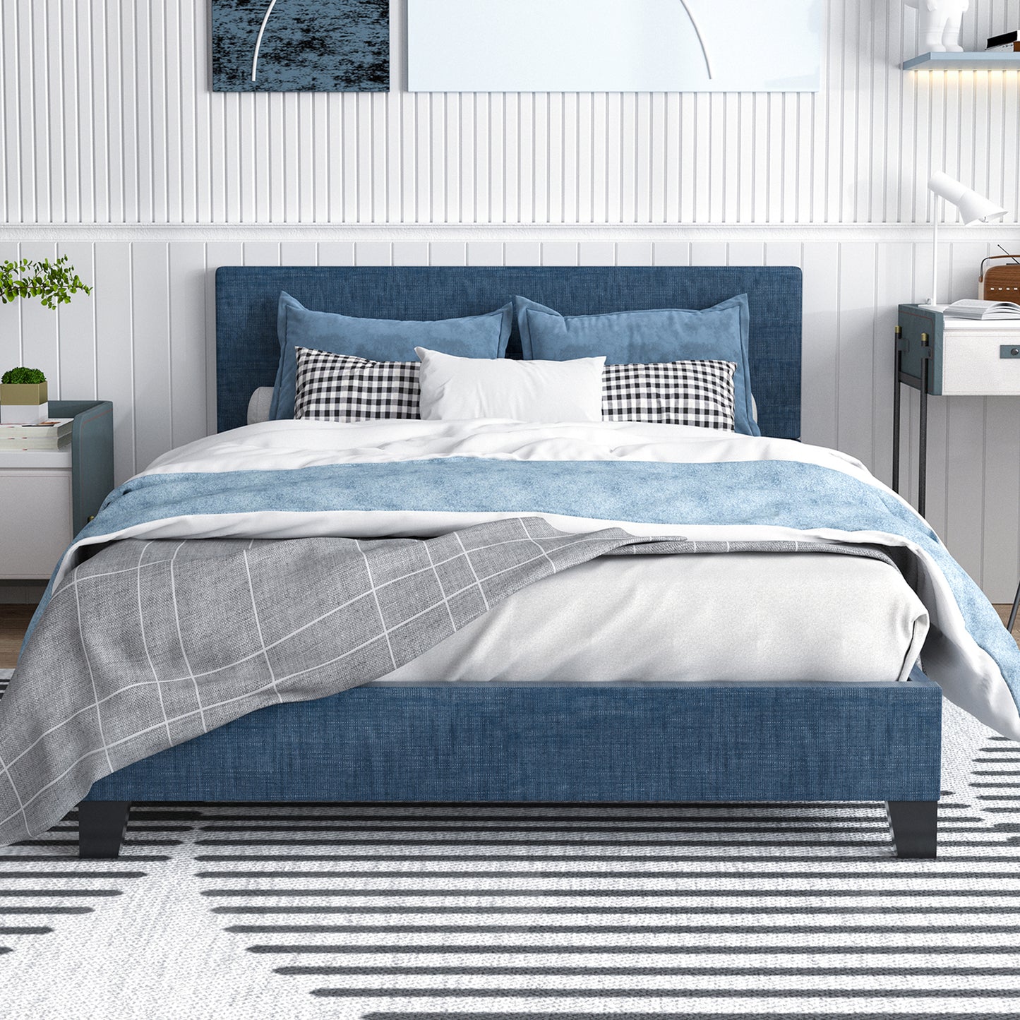 SYNGAR Dark Blue Fabric Upholstered Platform Bed Frame Full Size with Elegant Headboard, Wood Frame Bedroom Furniture with Strong Slat Support, No Box Spring Needed, Noise Free, Easy Assembly