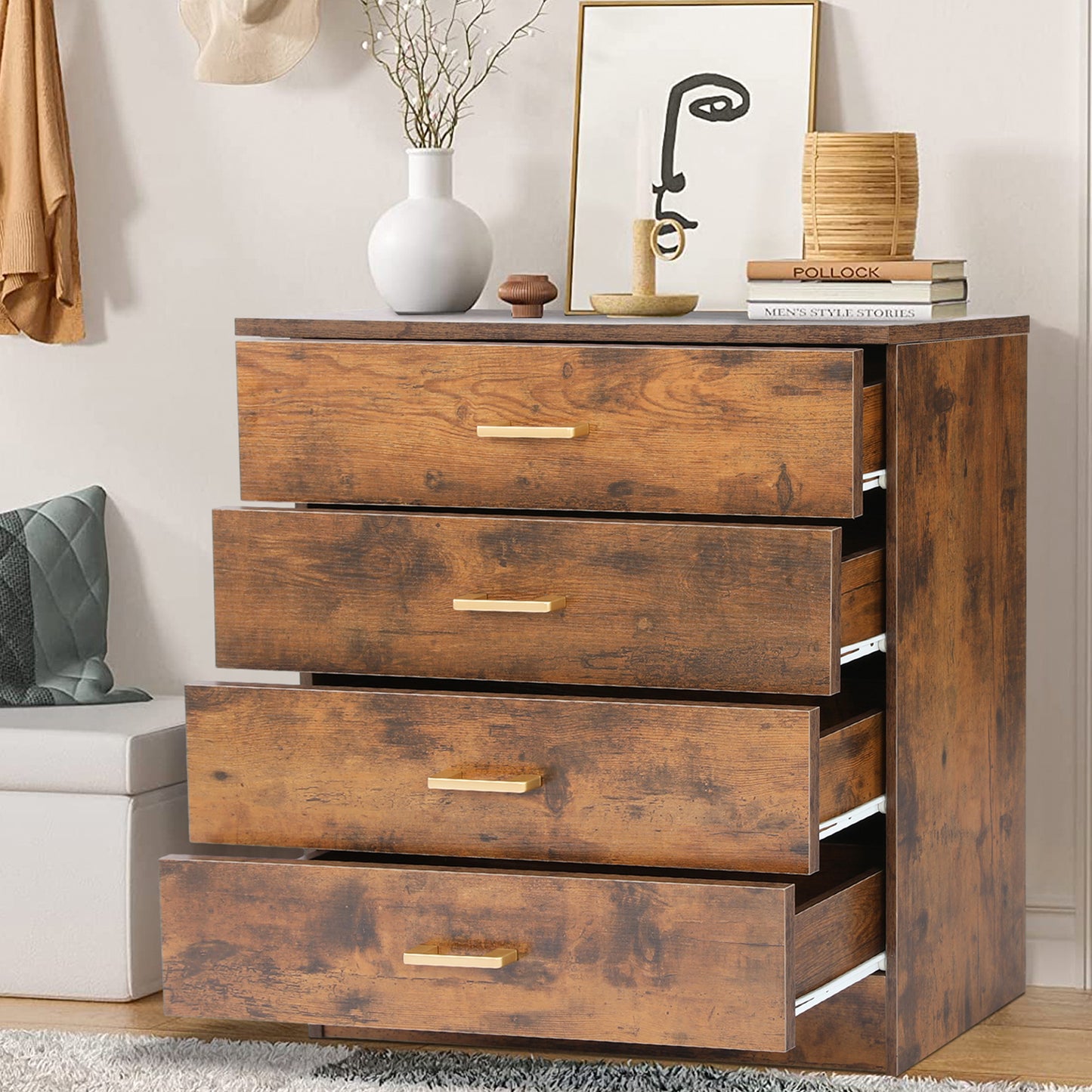 SYNGAR Black 4 Drawer Dresser, Chest of Drawers for Bedroom, Modern Storage Cabinet Dresser Organizer Unit with Handle for Living Room, Closet, Hallway, Nursery