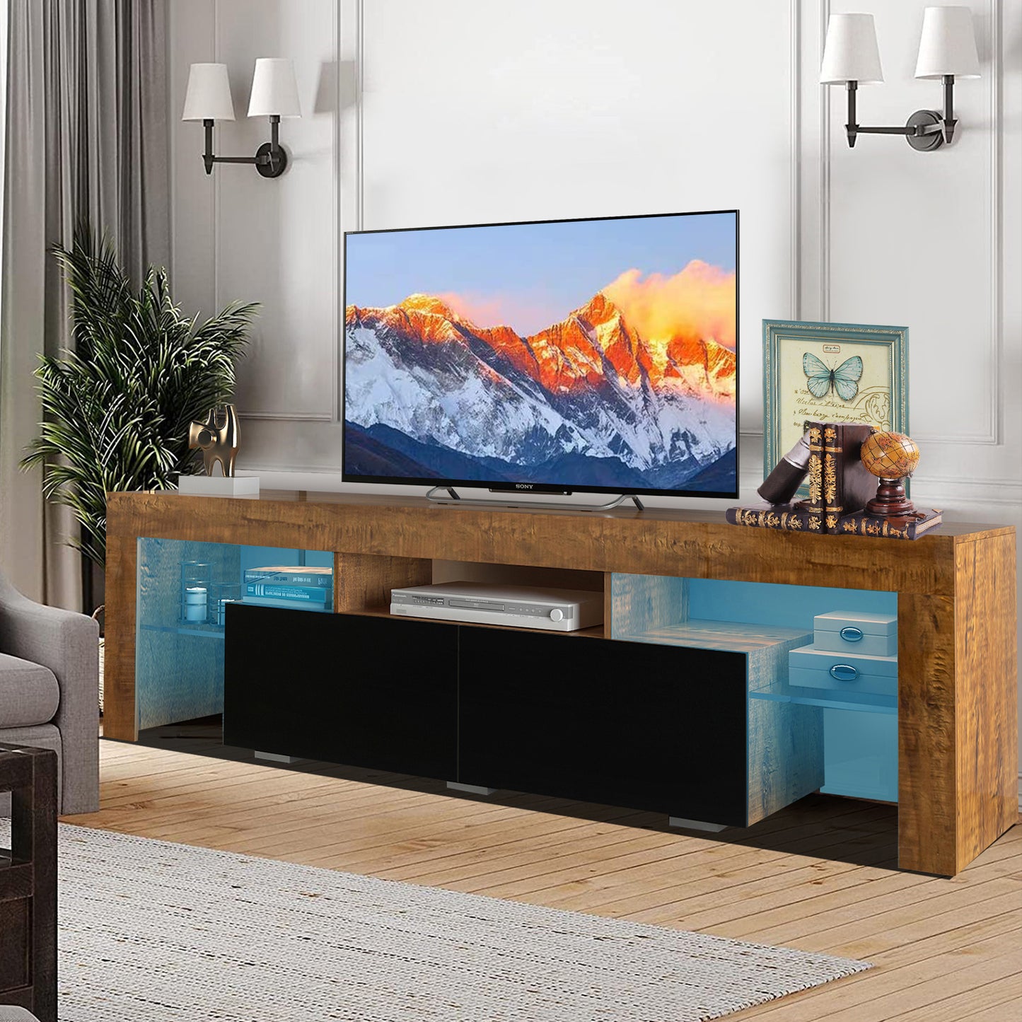 White TV Stand for 70 inch TV, Farmhouse Rustic Wooden Television Stands TV Cabinet Console Table with 16 Colors LED Lights, Living Room TV Table Stand Buffet Cabinet with Storage, 63"L×14" W×18"H