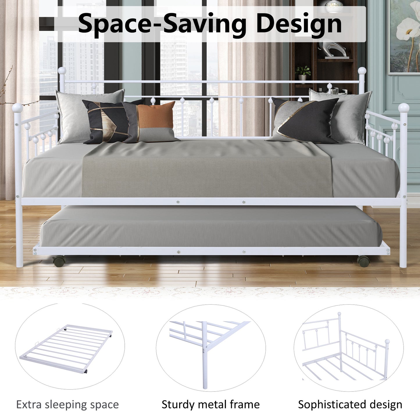 SYNGAR Daybed with Trundle, Twin Size Metal Daybed with Pop Up Trundle, Sofa Bed Day Beds Frame, Bedroom Living Room Furniture for Kids Boys Girls Adults Guest, White