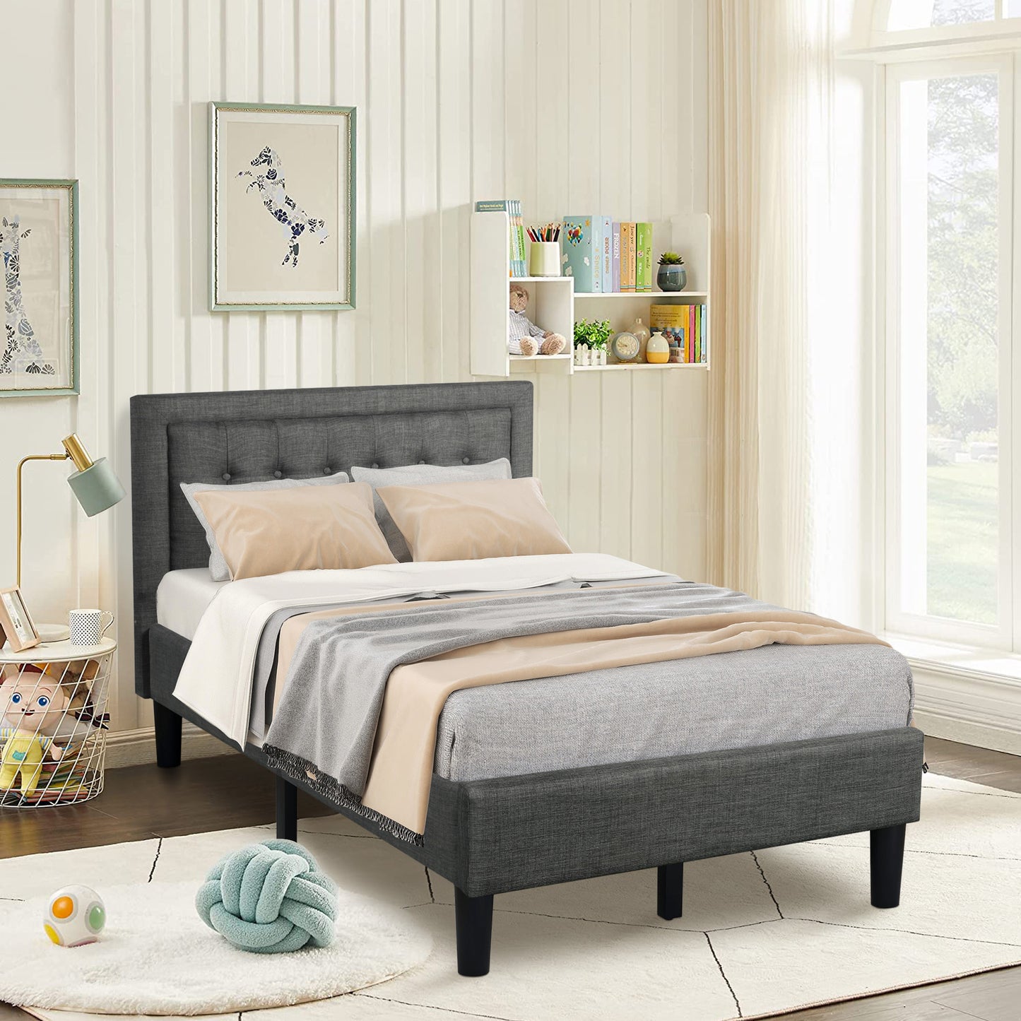 SYNGAR Gray Fabric Upholstered Platform Bed Frame Twin Size with Button Tufted Headboard, Wood Frame Mattress Foundation with Strong Wooden Slat Support, No Box Spring Needed, Easy Assembly