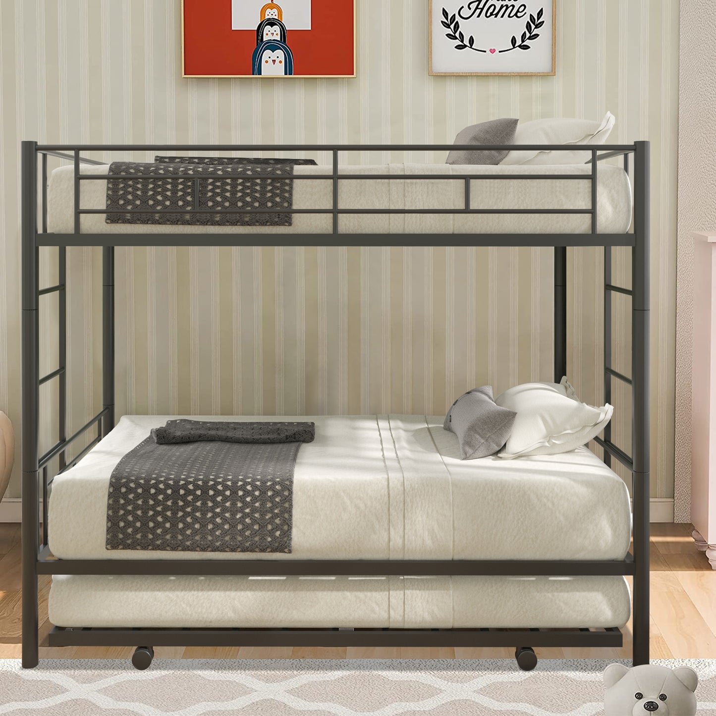 Twin over Twin Bunk Bed Frame with Trundle, SYNGAR Upgraded Bunk Beds with Ladder & Guardrail, Heavy Duty Kids Bedroom Furniture Bunk Bed for Boys and Girls, Space Saver Guest Room Bunk, Silver, C24