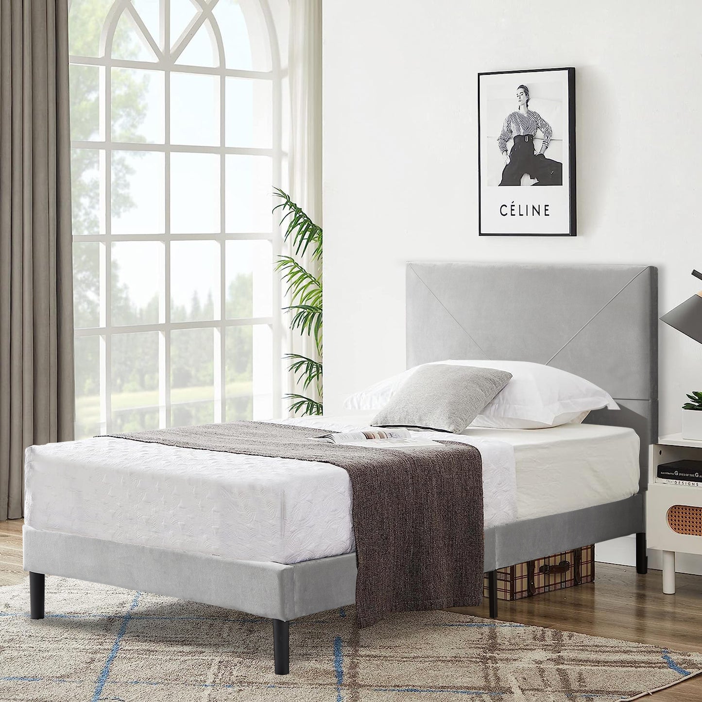 SYNGAR Full Size Platform Bed Frame with Linen Fabric Upholstered Button Tufted Headboard, Sturdy Sturdy Frame and Strong Wooden Slats, No Box Spring Needed, Gray