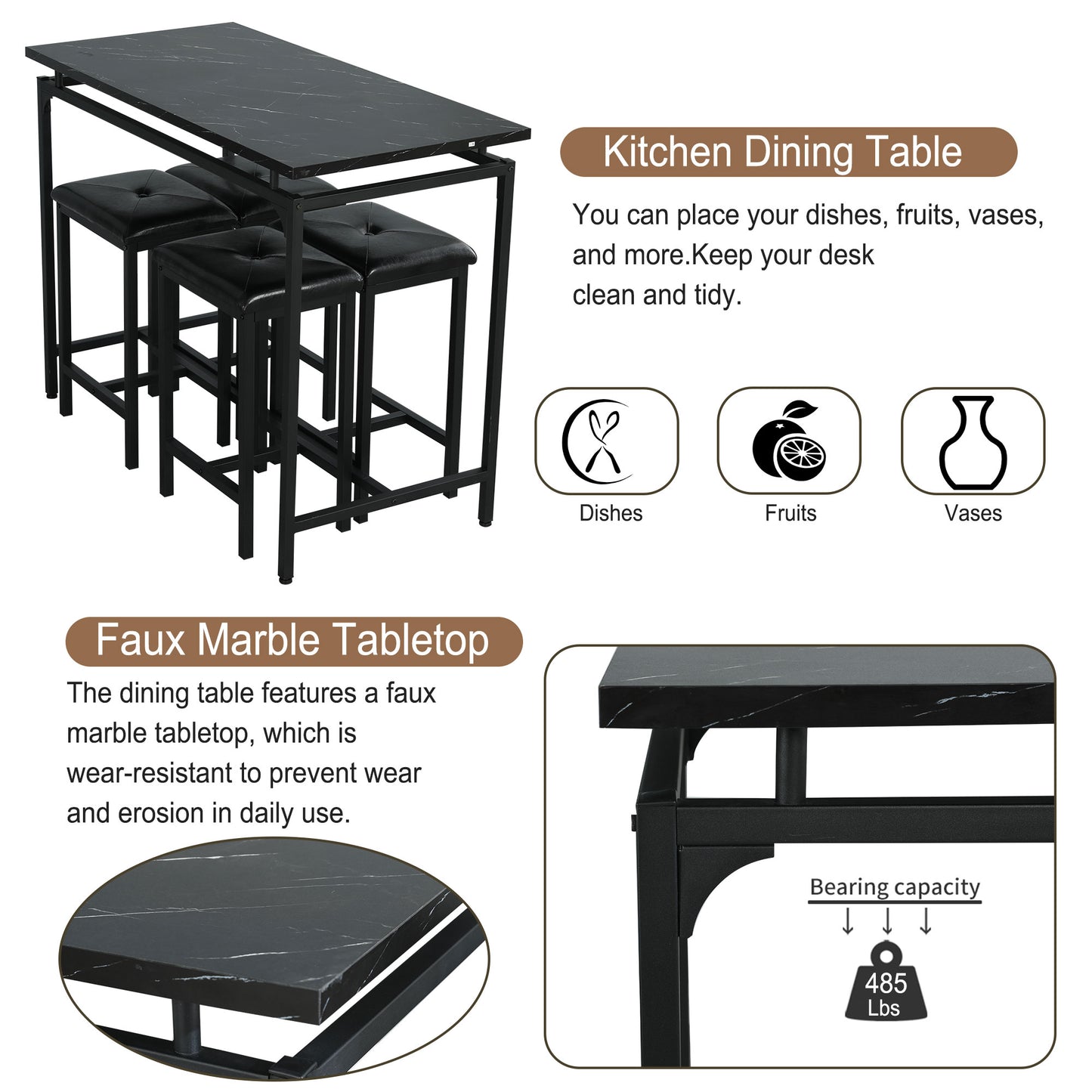 SYNGAR 5 Piece Dining Table Set, Modern Pub Table Set W/ 4 PU Leather Cushioned Stools, Counter Height Faux Marble Bar Table Set, 4-Person Dining Table & Stools Set, Kitchen Breakfast Table Set, Y008