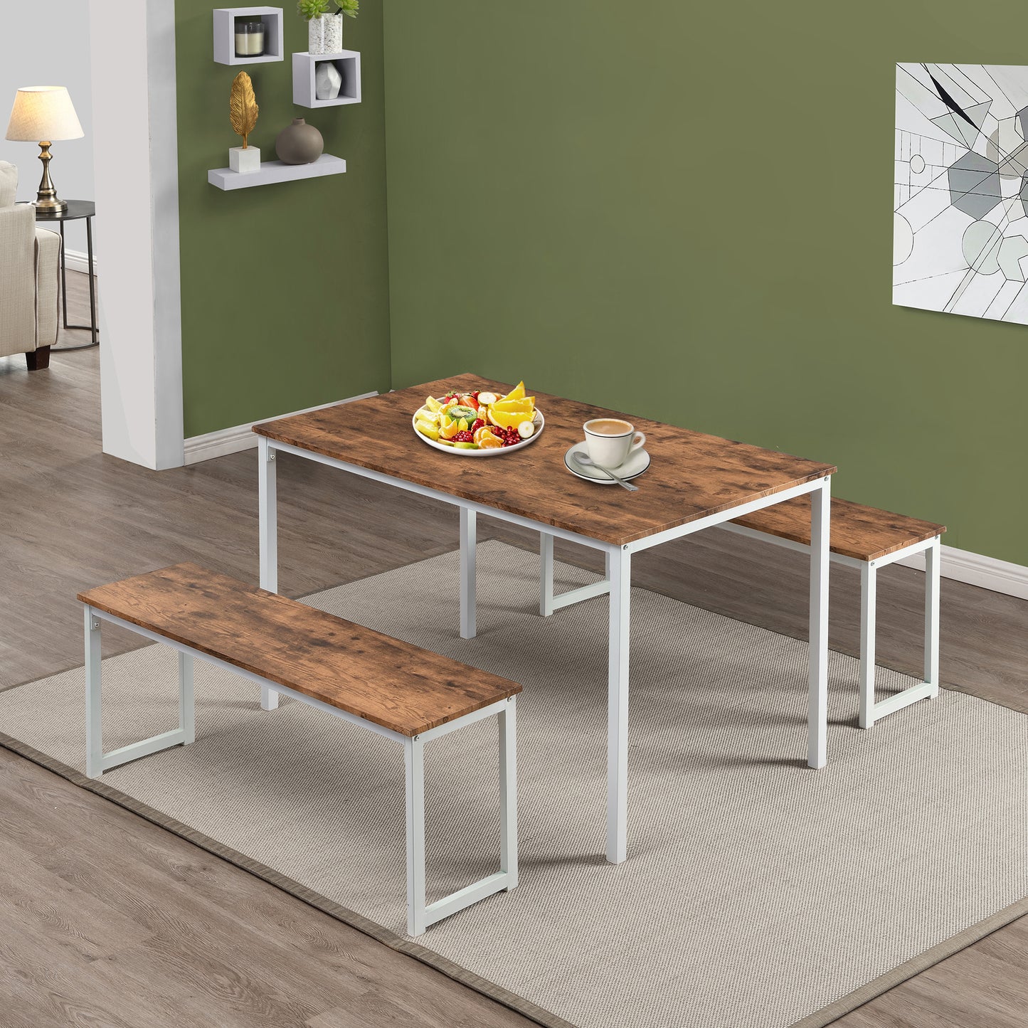 3-Piece Dining Table Set with 2 Benches, Modern Home Kitchen Table and Chairs for Dining Room, Restaurant, Apartment, Studio, Breakfast Nook, Pub, Kitchen Table Set Study Writing Desk, Beige