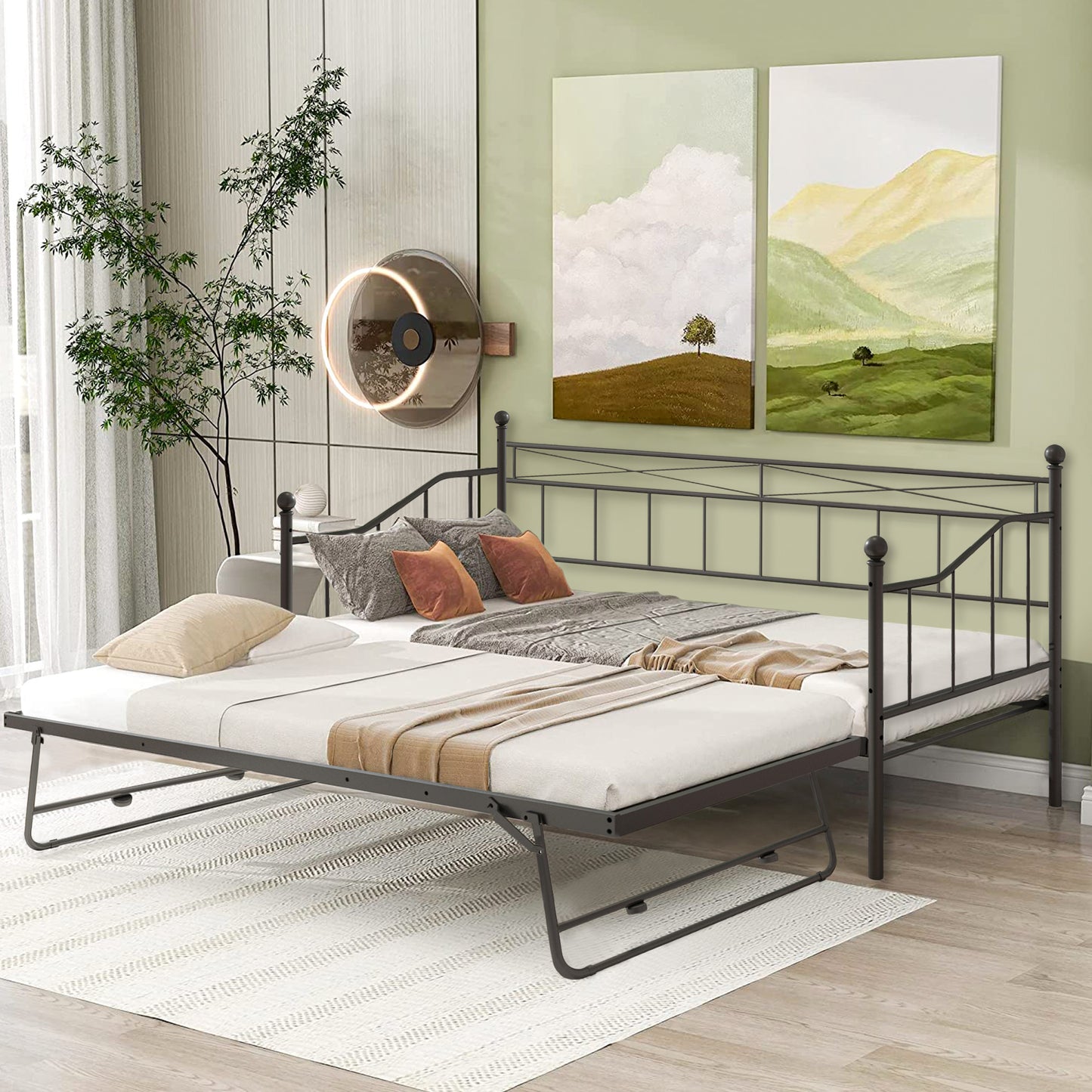 SYNGAR Metal Twin Size Daybed with Roll-Out Trundle, Multifunctional Platform Portable Folding Trundle Bed Frame, Mattress Foundation/Children Bed Sofa for Guest Living Room, Black