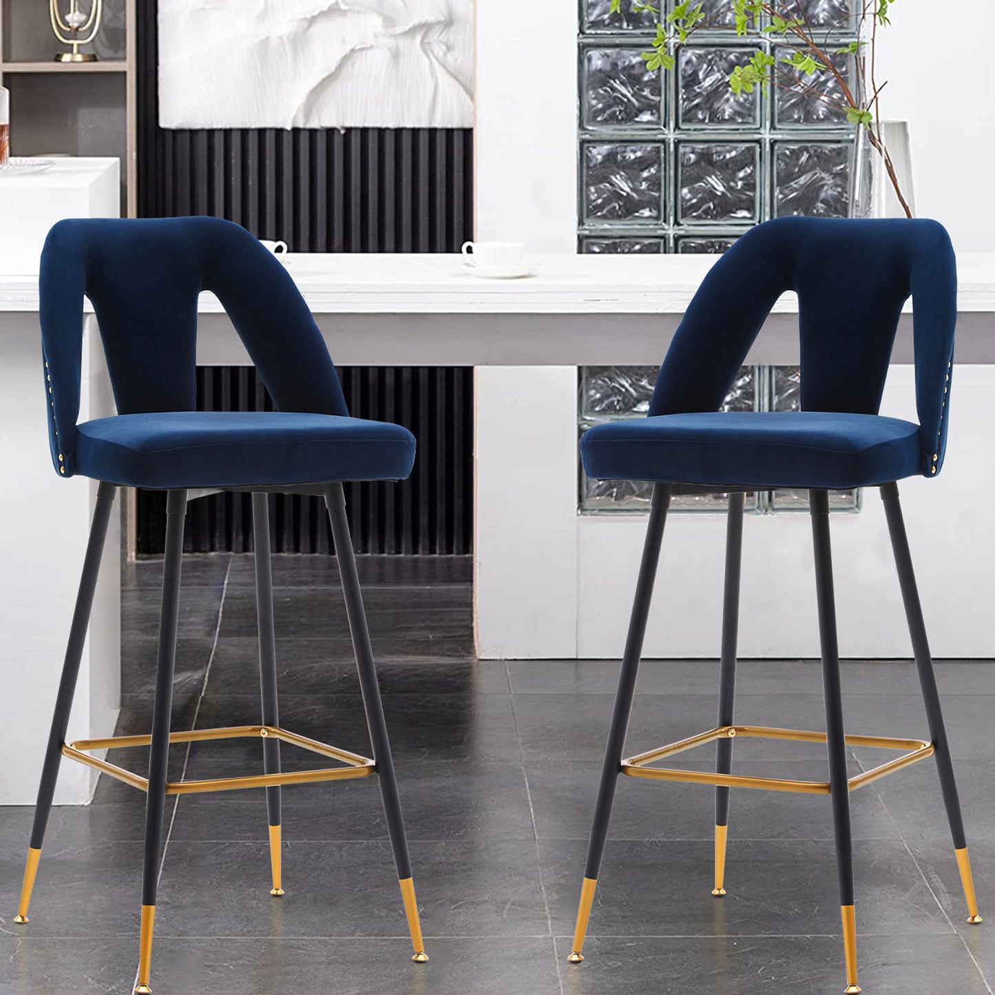 SYNGAR Modern Bar Chairs Set of 2, Contemporary Velvet Upholstered Bar Stools Tool and Counter Stools with Nailheads and Gold Tipped Black Metal Legs, Black Leisure Style Bar Chairs, Black