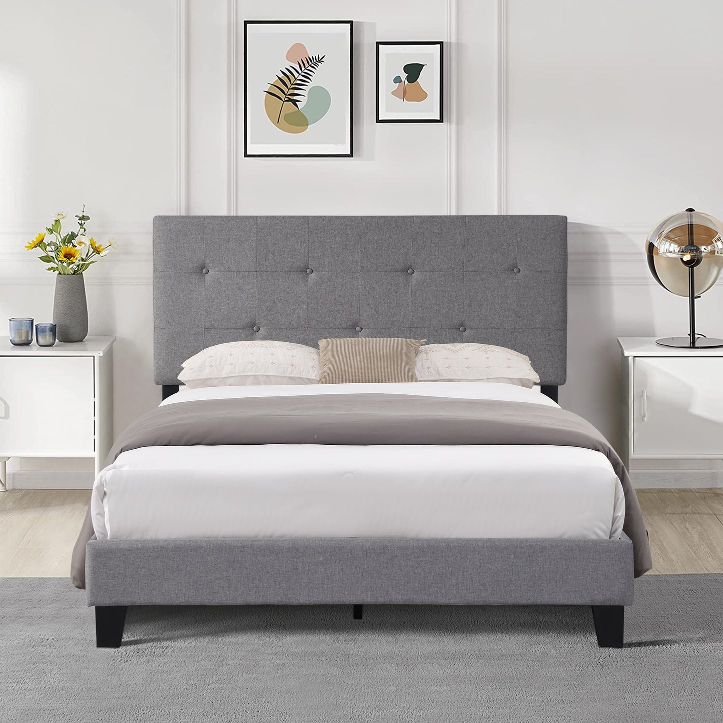 SYNGAR Full Bed Frame, New Upgrade Full Size Velvet Upholstered Platform Bed Frame with Elegant Headboard, Bedroom Furniture Wooden Frame Platform Bed Frame, No Box Spring Needed, Gray