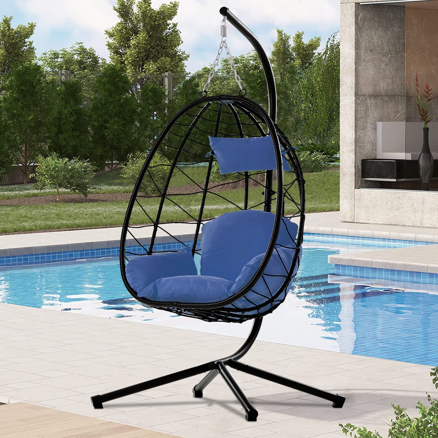 SYNGAR Hanging Egg Chair, Swing Chair with Steel Hammock Stand Set, Hammock Chair with Soft Seat Cushion, Multifunctional Hanging Chairs for Outdoor Indoor Bedroom, Light Blue