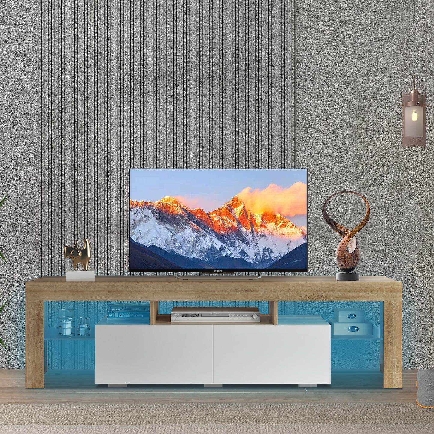 White TV Stand for 70 inch TV, Farmhouse Rustic Wooden Television Stands TV Cabinet Console Table with 16 Colors LED Lights, Living Room TV Table Stand Buffet Cabinet with Storage, 63"L×14" W×18"H