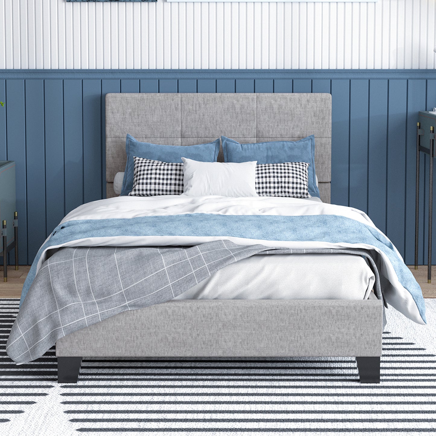 SYNGAR Beige Fabric Upholstered Platform Bed Frame Twin Size with Rivet Wingback Headboard, Metal Frame Mattress Foundation with Strong Wooden Slat Support, No Box Spring Needed, Easy Assembly