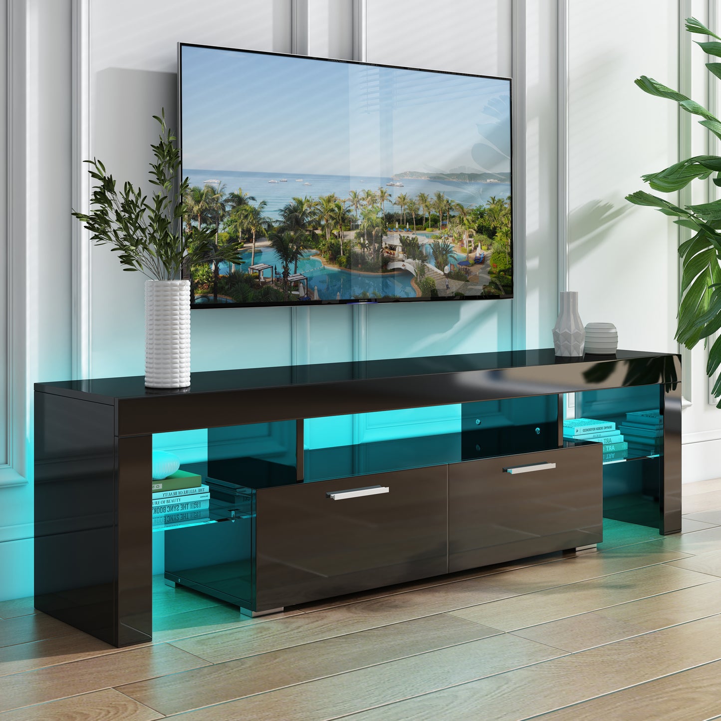 SYNGAR Modern TV Stand for TV up to 70 inches, TV Table Stand with 16-Color LED Lights, TV Console Table with Storage, Black, 63"L×14" W×18"H