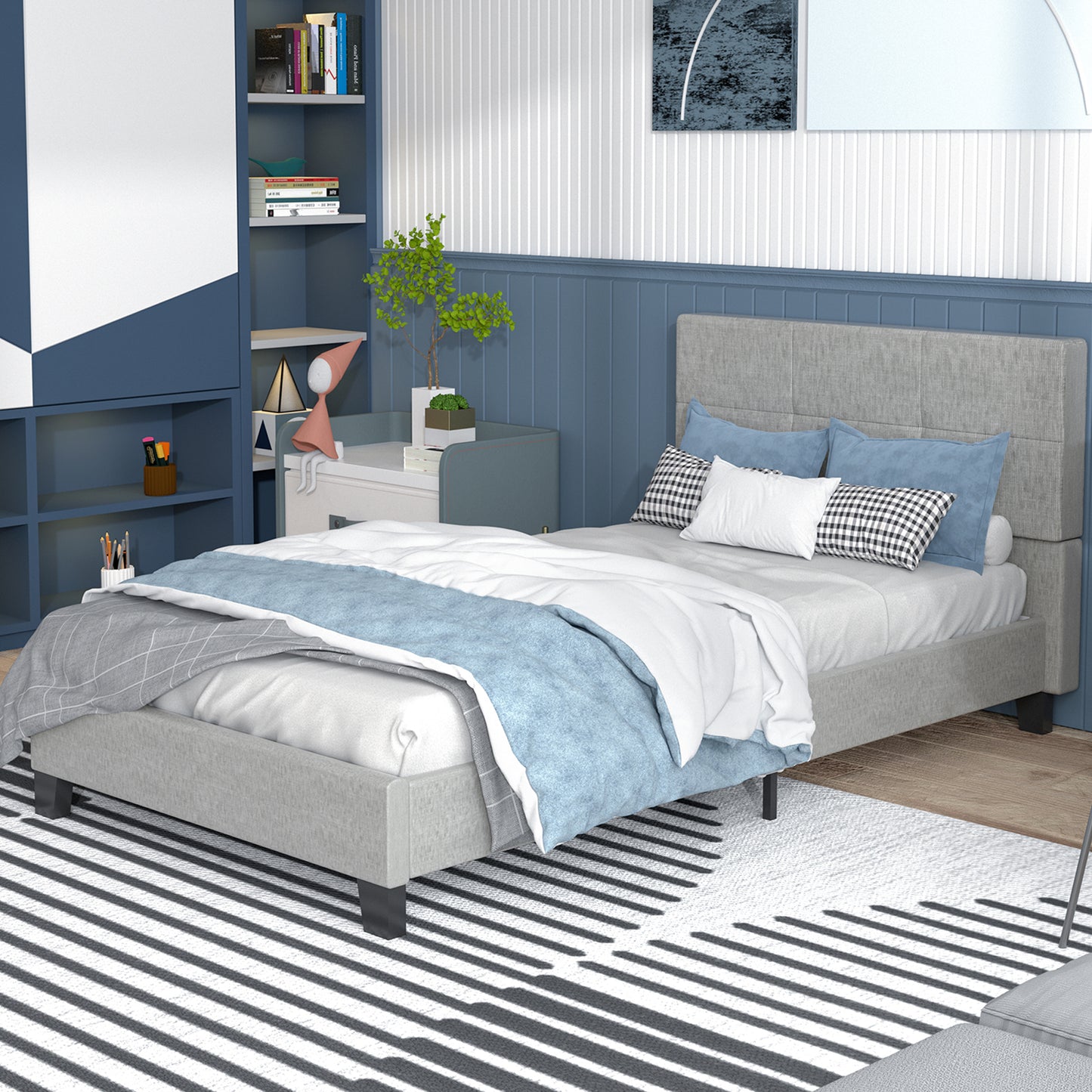 SYNGAR Beige Fabric Upholstered Platform Bed Frame Twin Size with Rivet Wingback Headboard, Metal Frame Mattress Foundation with Strong Wooden Slat Support, No Box Spring Needed, Easy Assembly