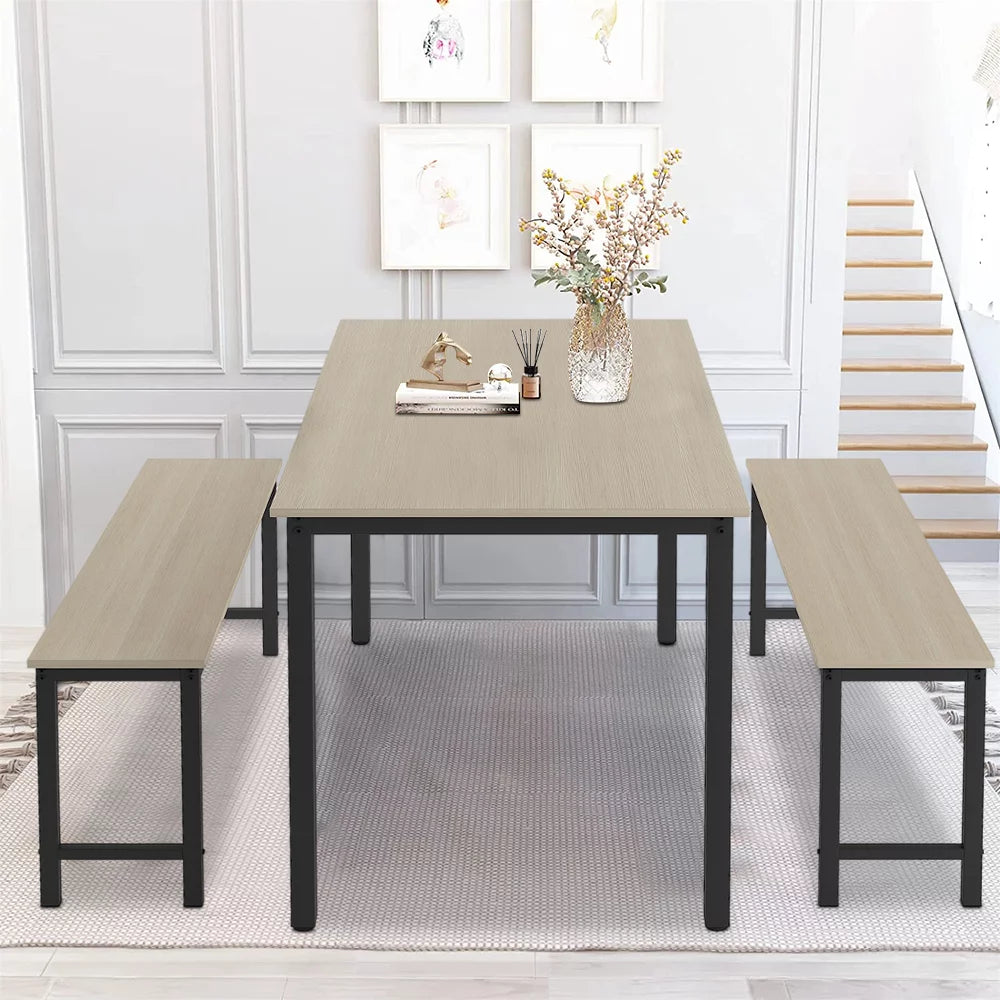 Dining Table with 2 Bench, Space Saving Dining Table Set, Modern Soho Dining Set with Metal Frame, Farmhouse Style Dining Room Furniture Set for 6 Persons, Easy Assembly for Kitchen Coffee Shop, B1187