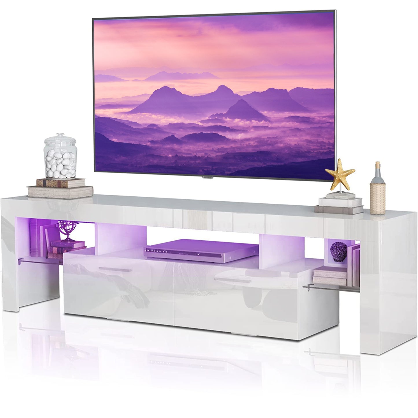 White TV Stand for 70 inch TV, Farmhouse Rustic Wooden Television Stands TV Cabinet Console Table with 16 Colors LED Lights, Living Room TV Table Stand Buffet Cabinet with Storage, 63"L×14" W×18"H