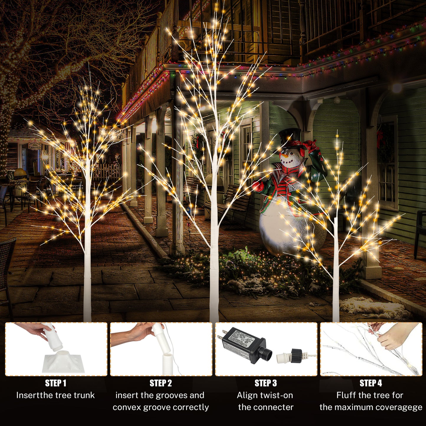 Set of 3 White Birch Trees, 4ft, 4ft and 6ft Christmas Tree with LED Lights, Fits for Christmas Decoration, Home Christmas Lights for Indoor Outdoor Wedding Party Garden, Warm White, C15