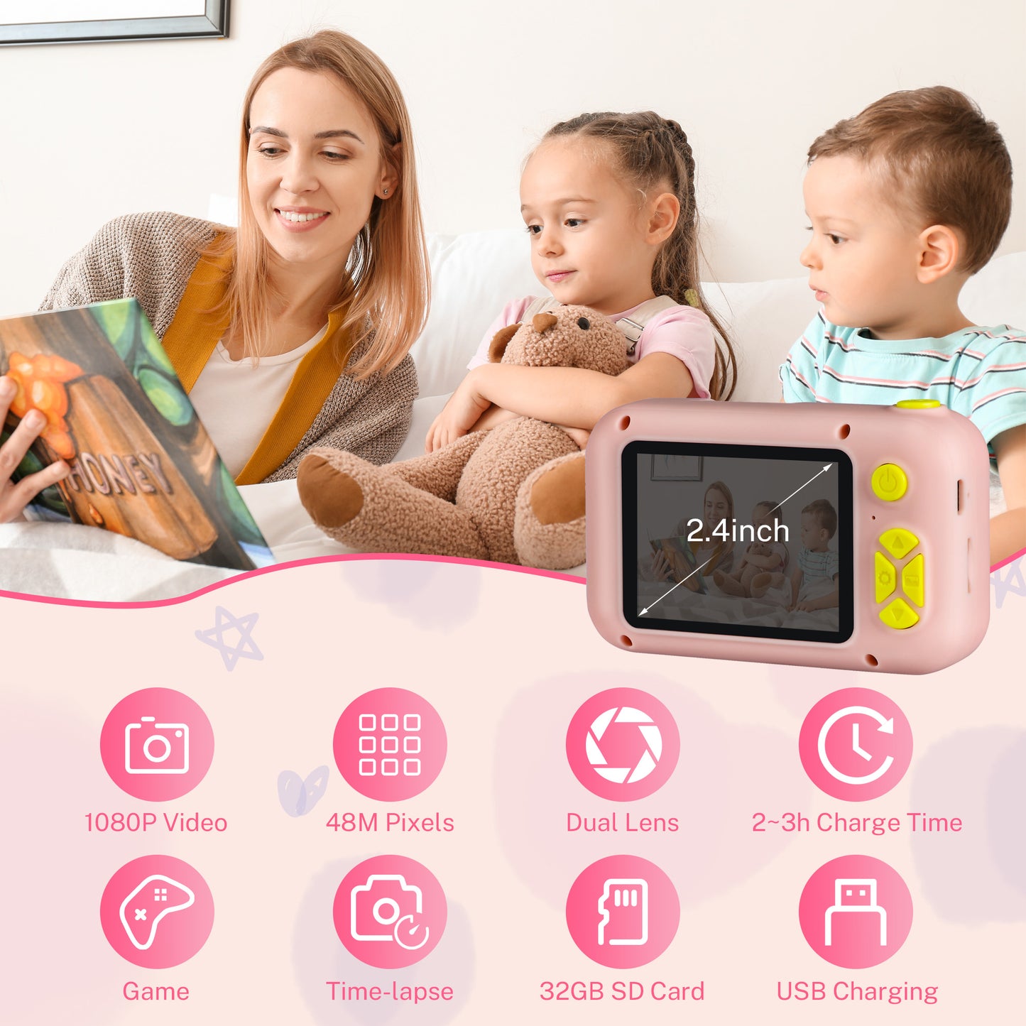 Reversible Kids Camera, 1080P Upgrade Selfie Camera with 32 GB Card, Kids Digital Camera for Girls Boys 3-8 Year Old, Perfect Christmas Birthday Festival Toys Gifts for Toddlers, Pink Astronaut