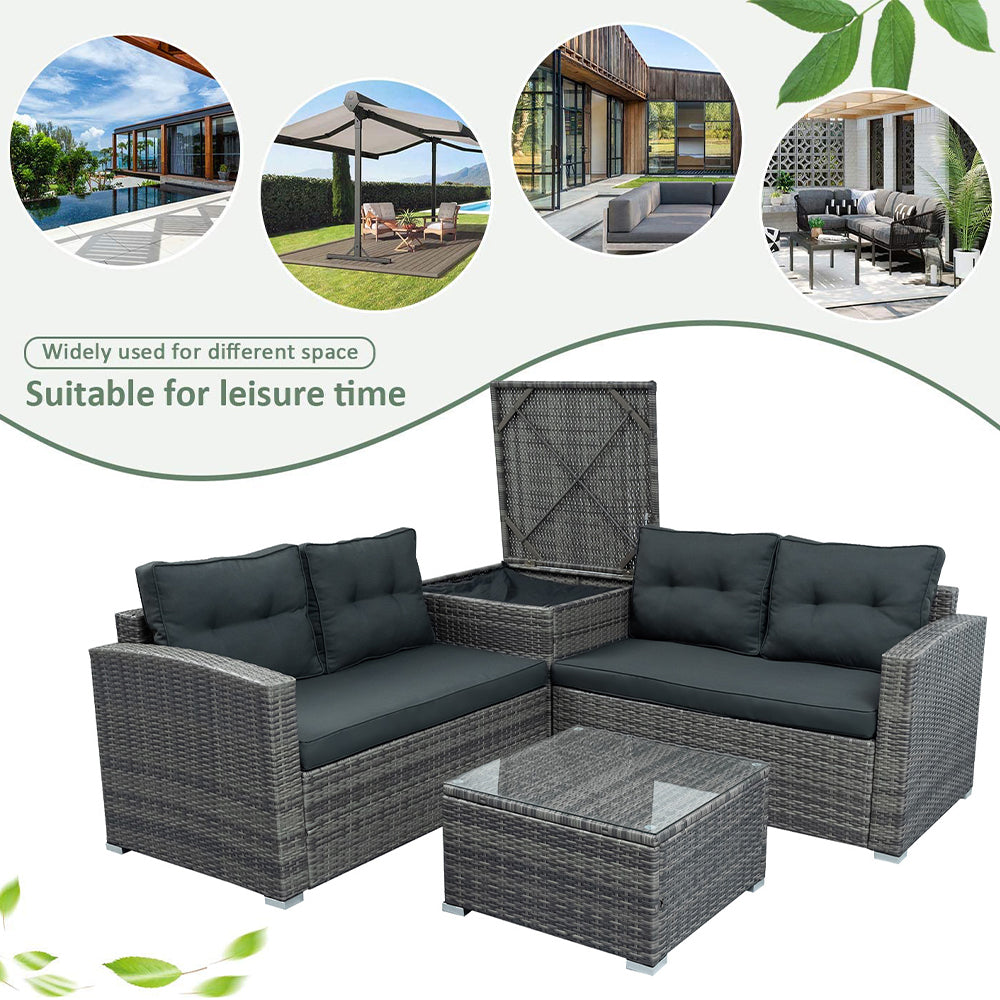 SYNGAR 4 Piece Wicker Patio Furniture Sets, Outdoor Sofa Set with Loveseat Sofa, Table and Storage Box, All Weather Rattan Sofa and Cushioned Seats for Garden, Lawn, Backyard, Front Porch, Gray