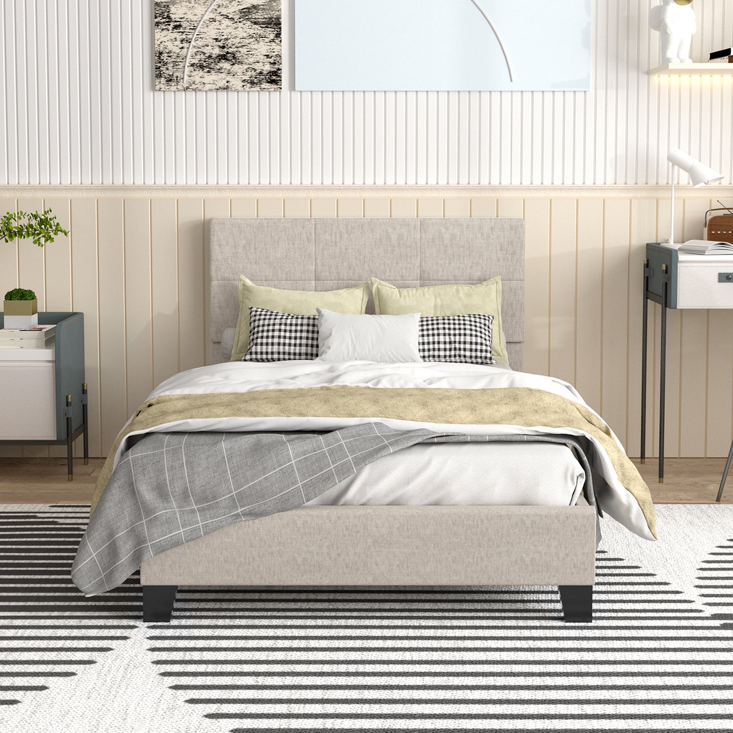 SYNGAR Full Size Platform Bed Frame with Linen Fabric Upholstered Button Tufted Headboard, Sturdy Sturdy Frame and Strong Wooden Slats, No Box Spring Needed, Gray