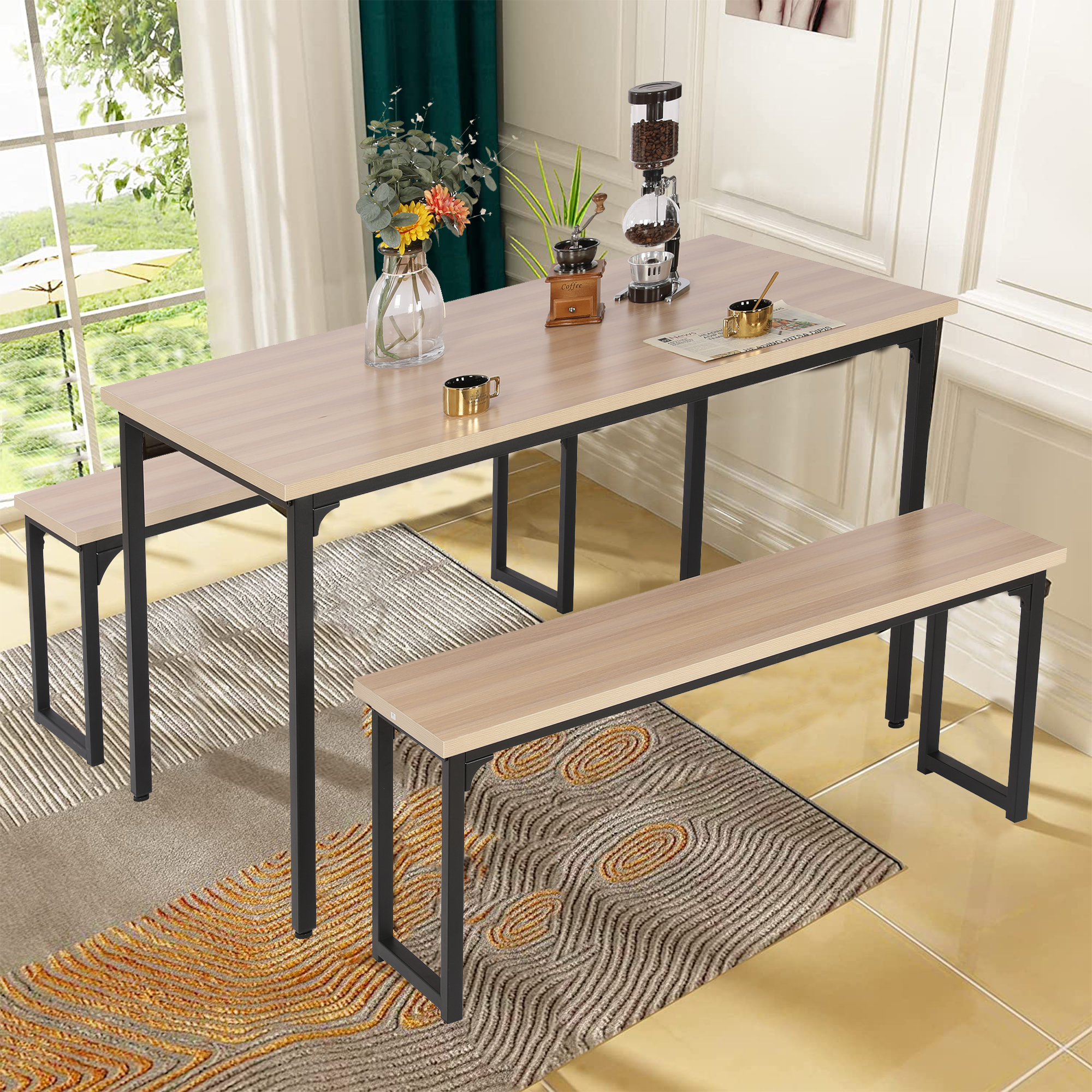 SYNGAR 3 Piece Kitchen Table Set, Modern Dining Set with 2 Benches, Ho ...