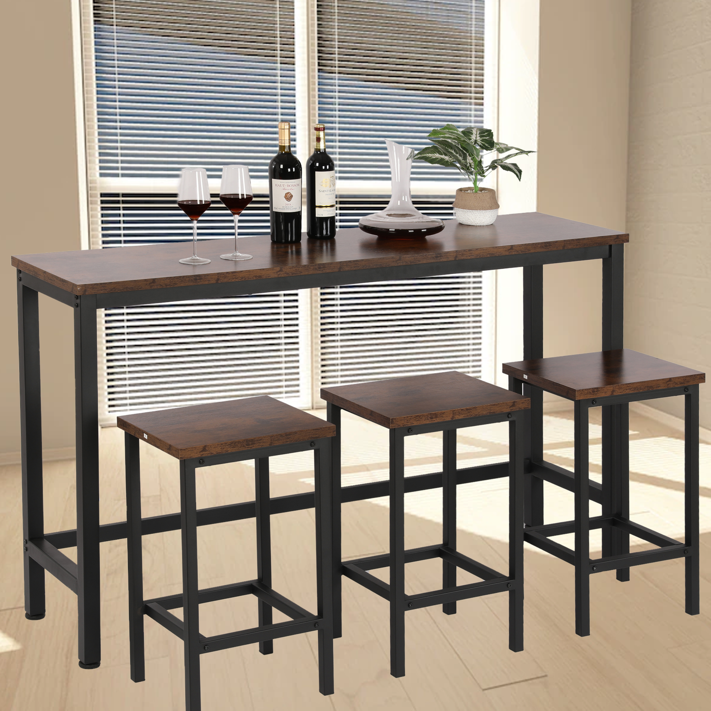 SYNGAR Counter Height Bar Table Set, Modern 4 Pieces Dining Table Set, Long Pub Table and 3 Stools, 3-Person Dining Table and Stools Set, Kitchen Side Table Set for Breakfast, Brown, D6413