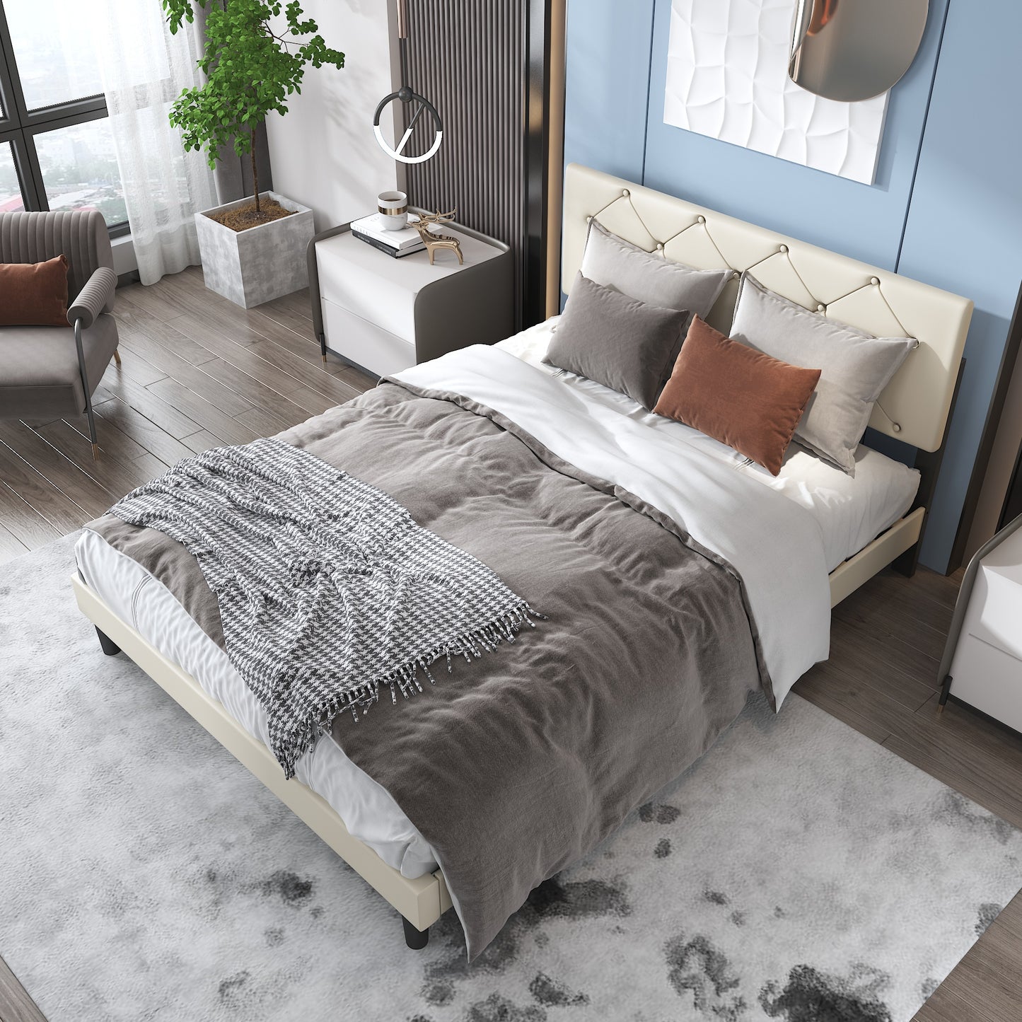 White Fabric Upholstered Platform Bed Frame Queen Size with Height Adjustable Headboard, Mattress Foundation with Strong Wooden Slat Support, No Box Spring Needed