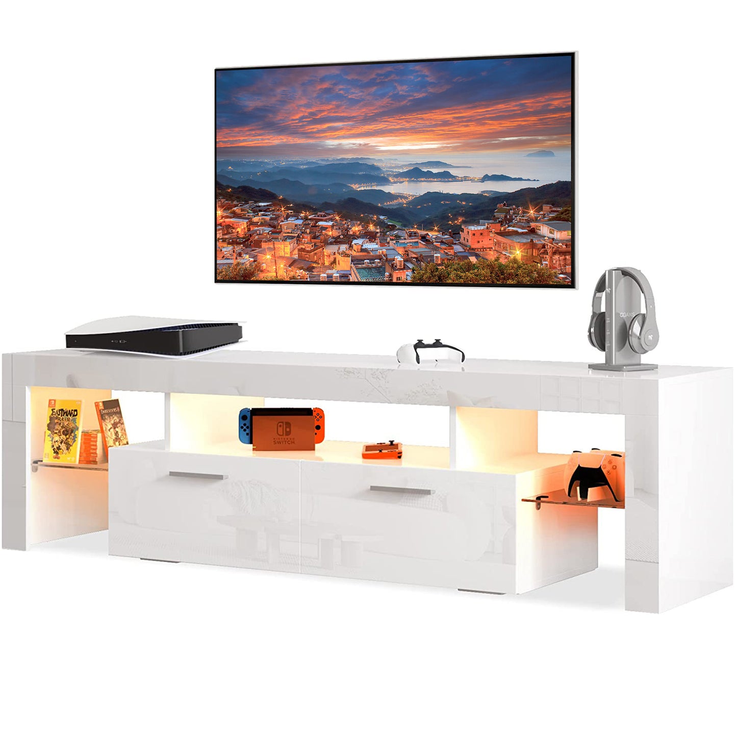 White TV Stand for 70 inch TV, Modern High Glossy Television Table Stands TV Cabinet Console Table with 16 Colors LED Lights, TV Buffet Cabinet with Storage, Living Room Entertainment Center